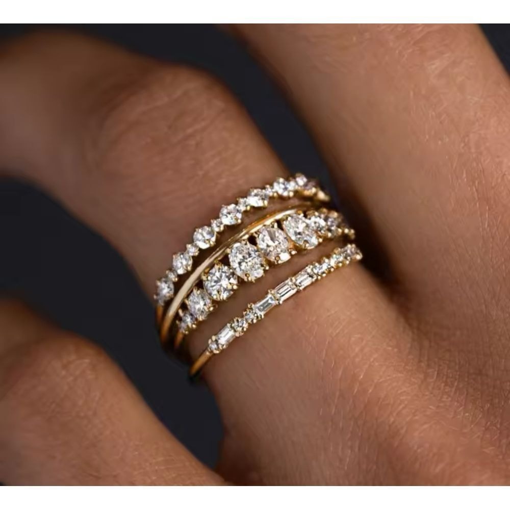 Elegant Triple Band Cubic Zirconia Ring Stack Gold Wedding Band Set‎ Bridal